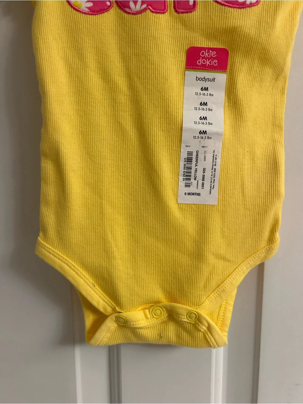 NWT-okie dokie Yellow Bodysuit with Pink 'cute' Appliqué